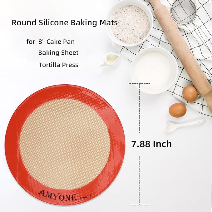 Round Silicone Baking Mats for 8 Inch Cake Pan, Food Grade, Non-Stick, Reusable Silicone Mat for Baking Pan for Bread/Tortilla/Macaron/Pastry/Pie/Bun or 9 Inch Pizza Pan, 2PCS