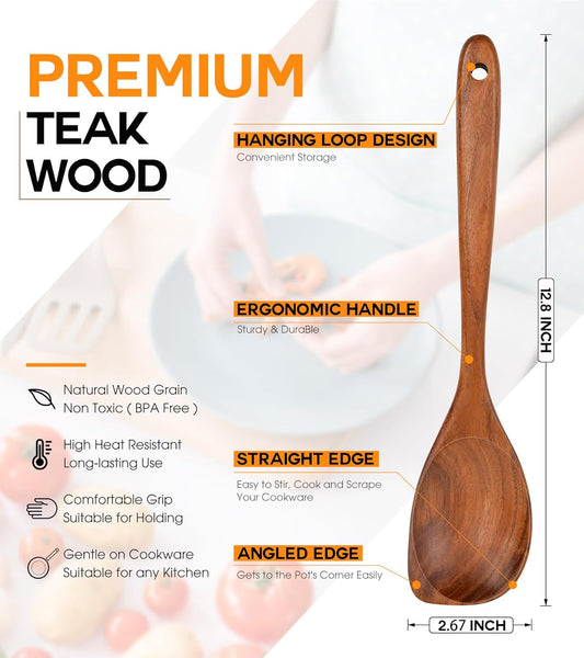 Wooden Spoons for Cooking, Natural Premium Teak Wood Corner Spoon, Good Grip Large Wooden Spoons and Wooden Spatula, Heat Resistant Wooden Cooking Utensils for Nonstick Cookware Cooking Gifts