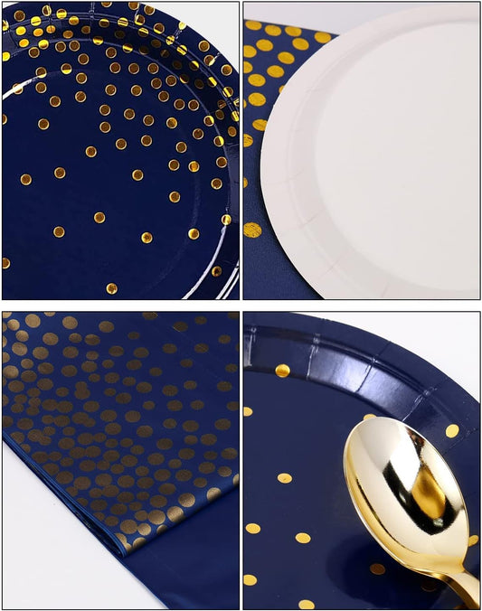 141 Pieces Navy Blue Gold Party Supplies, Party Dinnerware Sets Include Paper Plates Napkins Cups Silverware, for Wedding Bridal Shower Engagement Birthday Parties Decoration -20 Serves