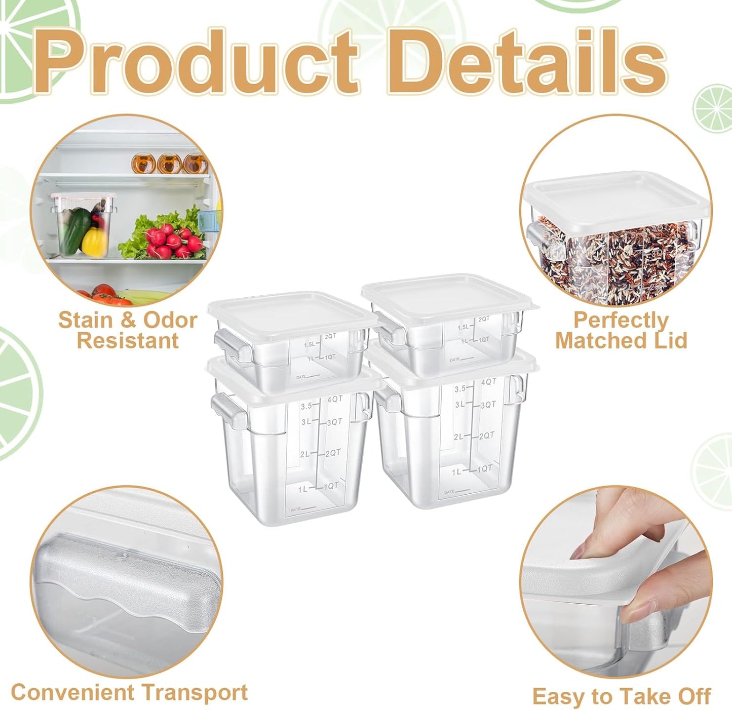 Barydat 4 Pcs Food Storage Container with Lids 2Qt and 4Qt Square Commercial Containers with Scales and Handles Polycarbonate Clear Food Storage for Kitchen Proof Dough Marinating Meat(White)