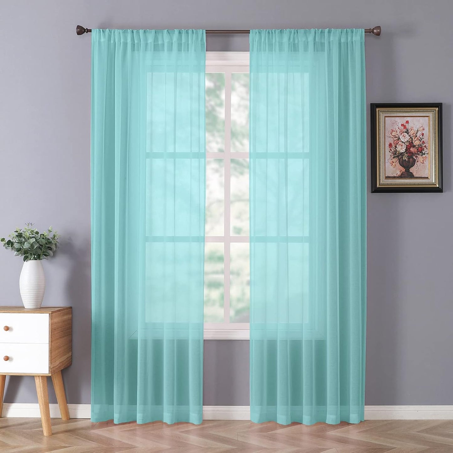 Tollpiz Sheer Curtain Linen Textured Living Room Curtains Sheer Light Filtering Rod Pocket Voile Curtain for Bedroom, 54 x 72 inches Long, Crystal Blue, Set of 2 Panels