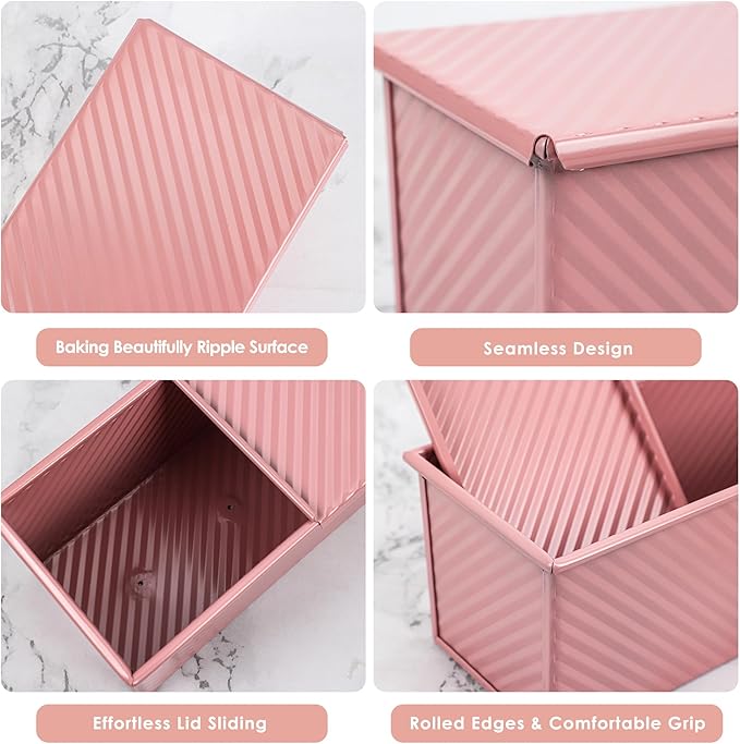 Premium Pink 13-inch Pullman Loaf Pan with Lid - Perfect for Baking Professional-Grade Sandwich Bread, PFOA & PTFE Free, Healthy & Stylish Non-Stick Bread Loaf Pan for Homemade Bread