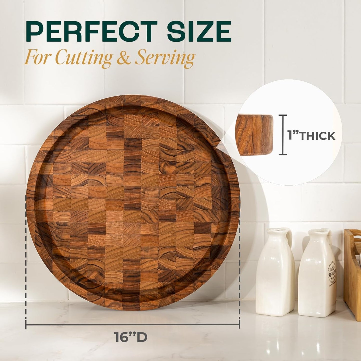 Yes4All Round Teak Cutting Boards for Kitchen, [16"D x 1"Thick] End Grain Cutting Board, Teak Wood Serving Board, Food Safe Surface for Slicing and Serving, Wood Charcuterie Board with Build In Handle
