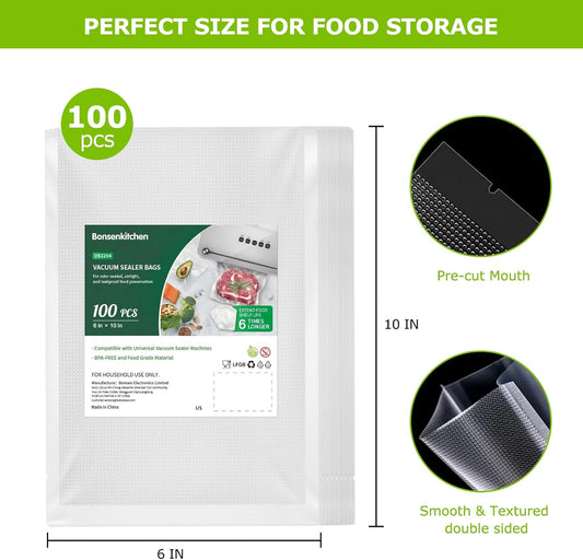 Bonsenkitchen Precut Vacuum Food Sealer Bags 100 Pint 6" x 10", BPA Free, Commercial Grade Textured Food Vacuum Sealer Bag, Thick Embossed Bags for Food Storage and Sous Vide Cooking VB3204