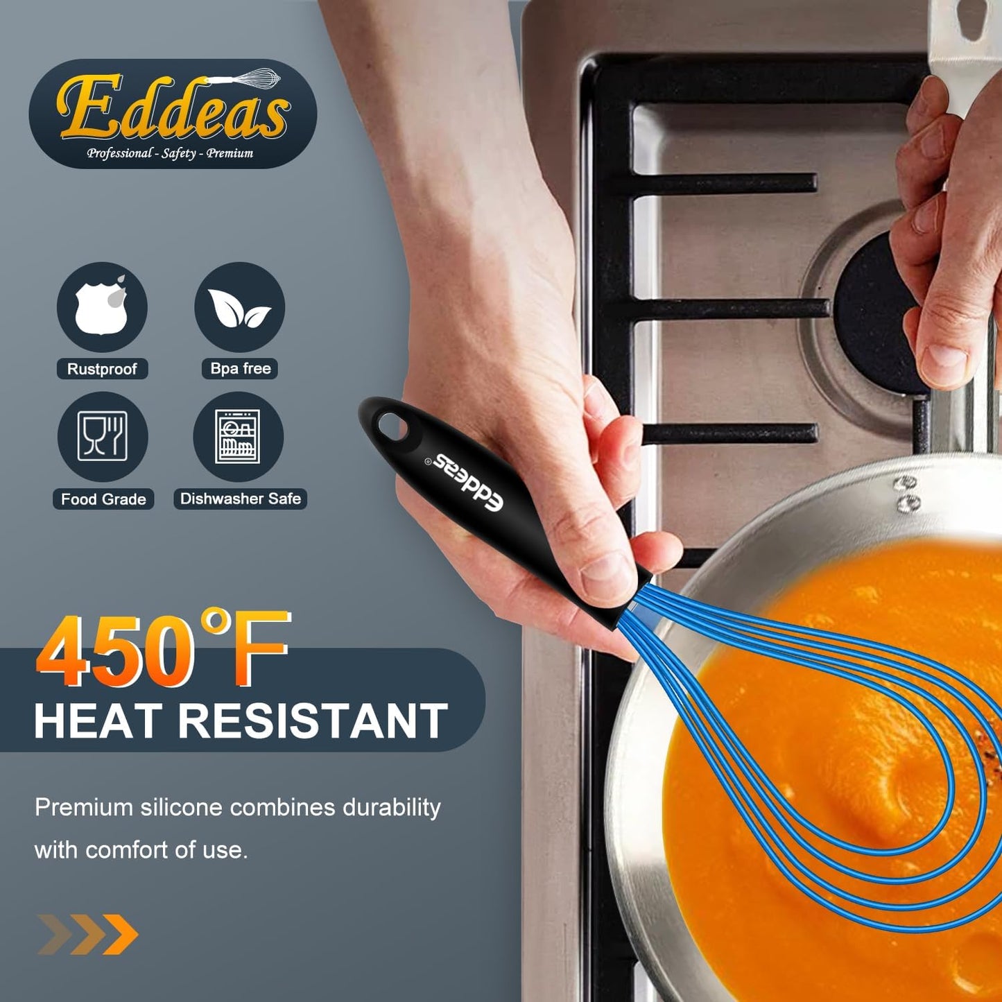 Silicone Whisk, Non Scratch Whisk for Cooking, 5+7+9+11in Balloon Whisks, Suitable for Mixing, Blending. 11in Flat Whisks great for Ceramic Coated pans and Wider shallower pots. (Blue)