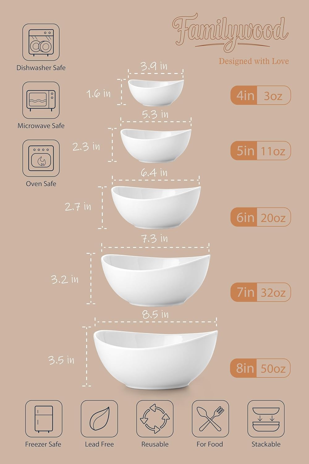 Porcelain Serving Bowls set for Entertaining, 3-11-20-32-50 Ounce, Scratch Resistant, 5 Piece Serving Bowl Set, Prep Salad Bowls for Christmas Thanksgiving, Dishwasher Safe, Pure White