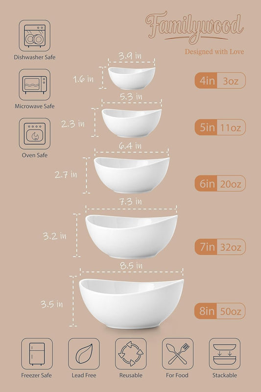 Porcelain Serving Bowls set for Entertaining, 3-11-20-32-50 Ounce, Scratch Resistant, 5 Piece Serving Bowl Set, Prep Salad Bowls for Christmas Thanksgiving, Dishwasher Safe, Pure White