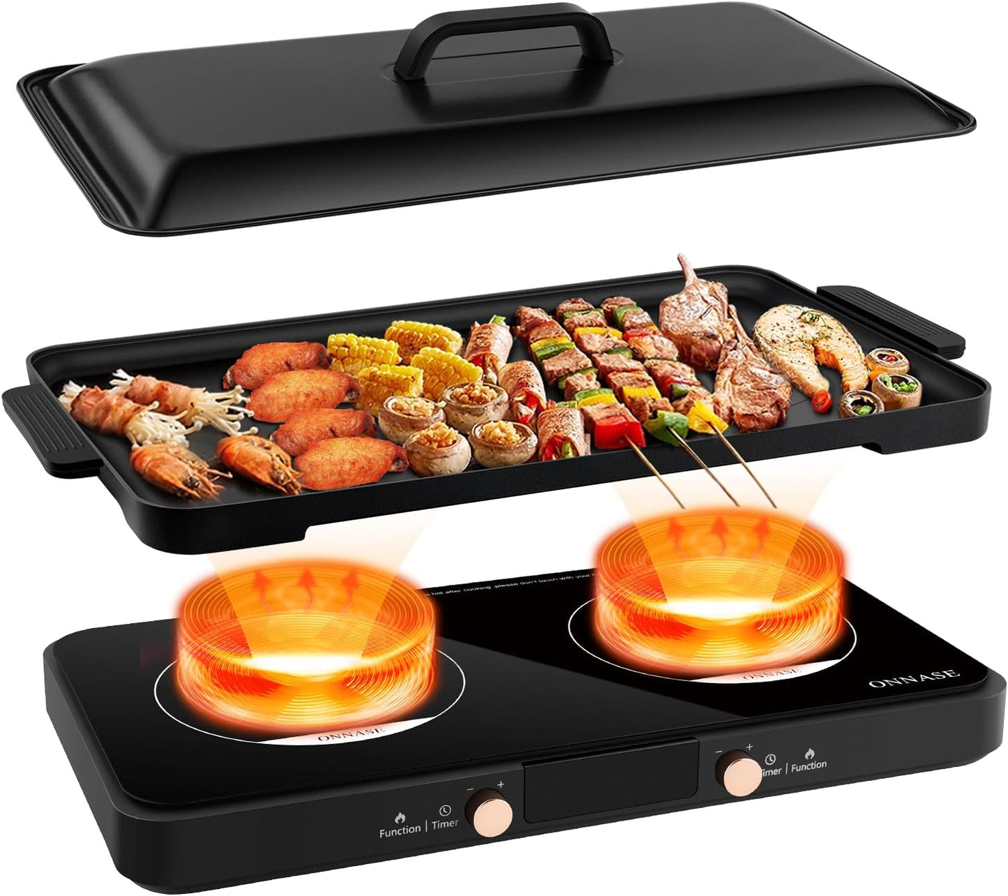Double Induction Cooktop, 1800W Electric Stove Top Burner with Removable Non-Stick Griddle Pan, 2 Induction Burners, 11 Temperature & Power Levels, 3-Hour Timer, Black