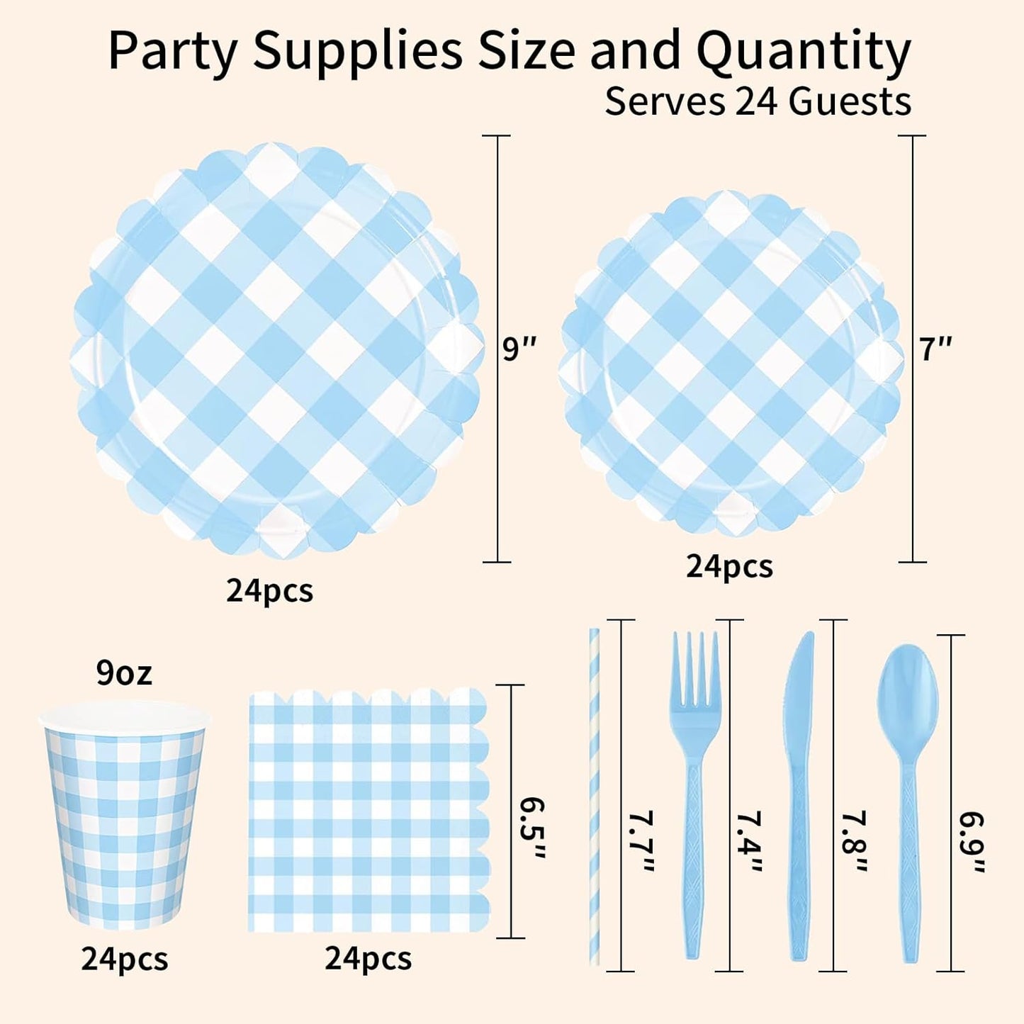 192 PCS Gingham Party Supplies Serve 24 Guests Gingham Plates and Napkins and Cups for Birthday Decorations Baby Shower Checkered Party Supplies Dinnerware Sets for Girl Boy Light Blue