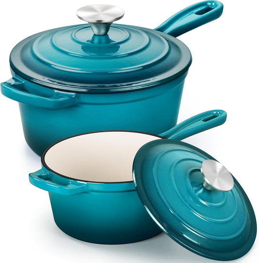 E-far Sauce Pan Set with Lid, 1Qt & 2Qt Enameled Cast Iron Pot Sets for Kitchen Cooking, Small Heavy Duty Dutch Oven Saucepans & Self-basting Lids, Induction-Ready & Easy Clean, Green