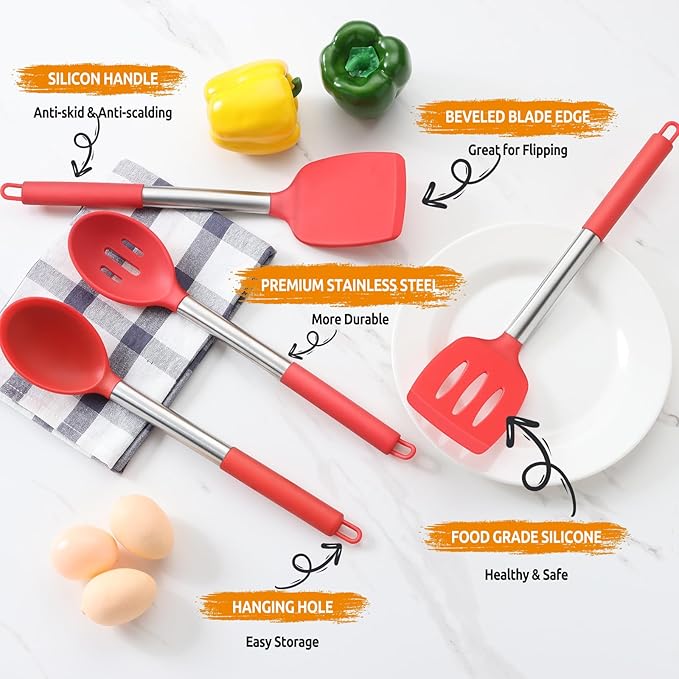 Cooking Utensils Set of 4, E-far Silicone Kitchen Utensils for Non-stick Cookware, Heat Resistant & Non-toxic Slotted Spatula Solid Spoon Turner for Flipping Mixing Serving Basting(Red)