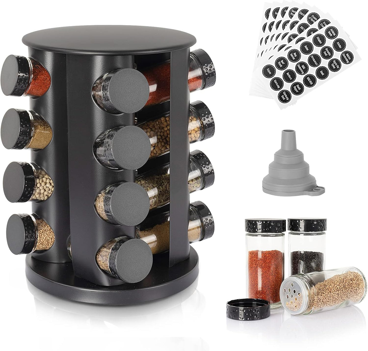 Black Countertop Rotating Spice Rack,Round Empty 16-Jars Revolving Spice Rack Organizer, 135 Spice Labels with Funnel Complete Set, for Kitchen Countertop, Cabinet