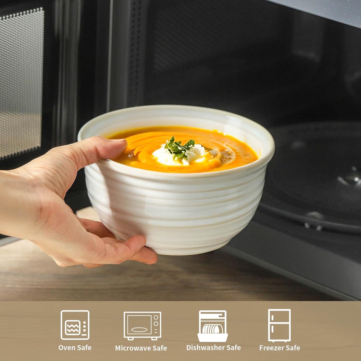 Hasense Cereal Bowls, 20 Ounce Soup Bowls Set of 6, Ceramic Deep Bowl for Kitchen, Perfect for salad Pasta Dessert Oatmeal, Dishwasher and Microwave Safe, Clay-Infused White