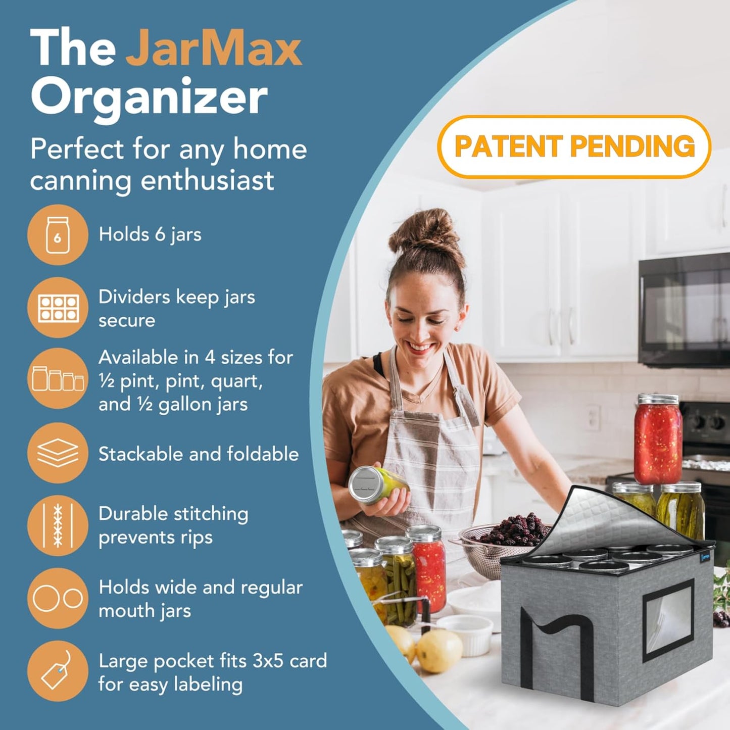 64 oz 1/2 Gallon jars Storage Containers, Sturdy Canning Jar Storage Containers Holds 6 64oz Ball Mason Jars, Foldable Canning Organizer, Stackable Home Storage Box with Lid & Label holder