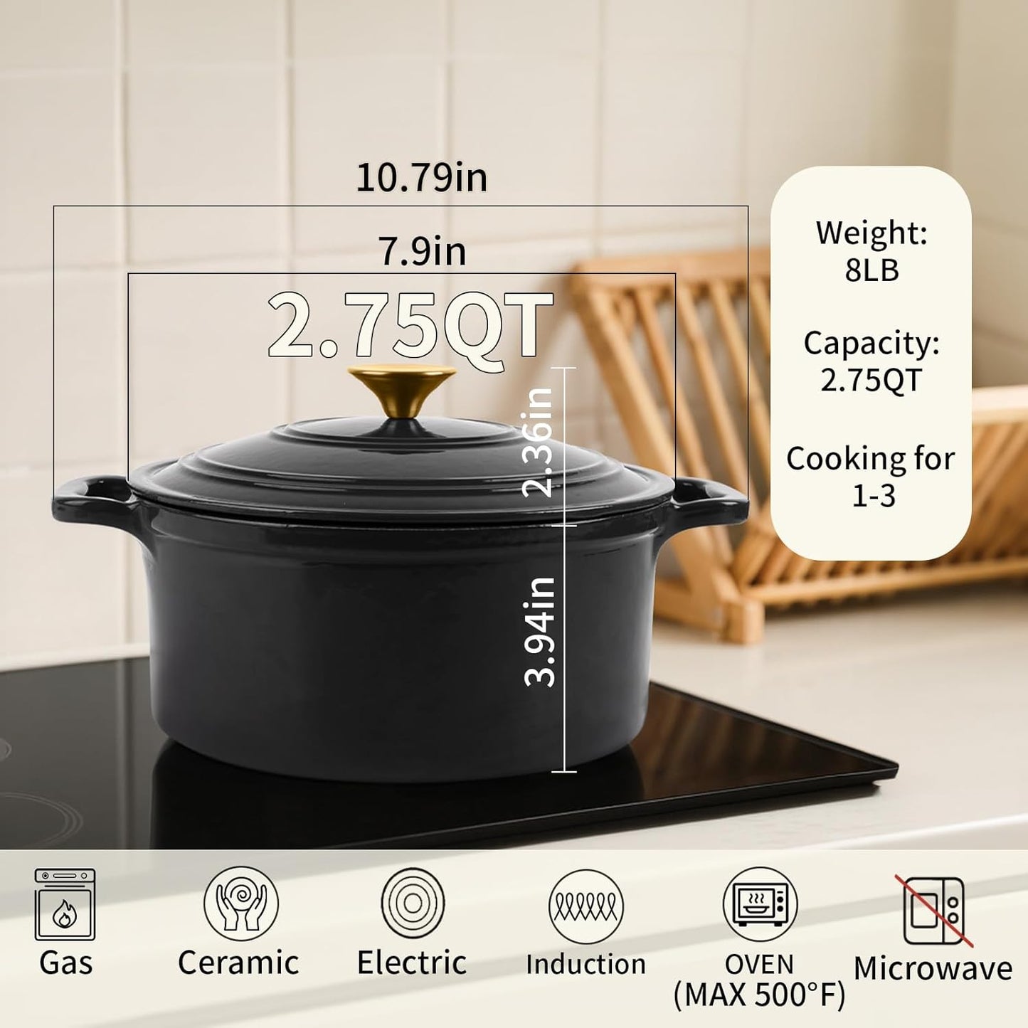 Enamel Cast Iron Dutch Oven with Lid,2.75QT Round Casserole Pot for Bread Baking, Braising, Roasting,Stews and Soups,Multipurpose Cookware,Oven Safe and Induction Compatible (2.75QT,Grey)