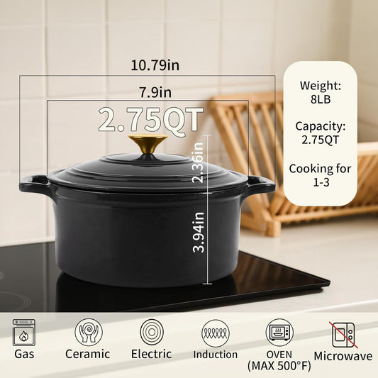 Enamel Cast Iron Dutch Oven with Lid,2.75QT Round Casserole Pot for Bread Baking, Braising, Roasting,Stews and Soups,Multipurpose Cookware,Oven Safe and Induction Compatible (2.75QT,Grey)
