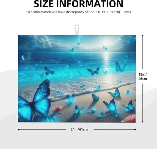 Blue Butterfly Beach Dish Drying Mat 18x24 Inch, Microfiber Absorbent Fast Dry Mat Large Dish Mat Drying Kitchen Mat, Kitchen Drying Pad for Kitchen Counter Coffee Bar Decor Gifts