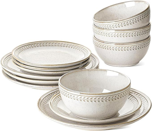 LE TAUCI Dinnerware Sets for 4, 12 Piece Ceramic Dish Set with Plates and Bowls | Oven/Dishwasher/Microwave Safe | Ideal for Housewarming | Reactive Beige (10" Plate+8" Dish+27oz Bowl)