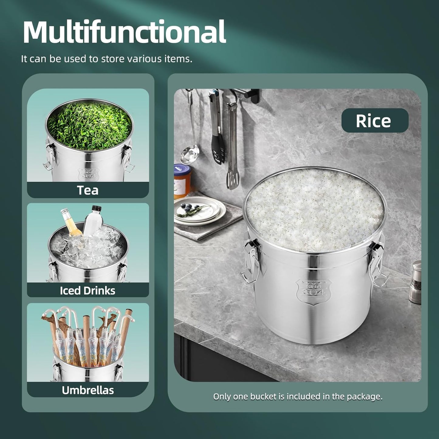 21L Stainless Steel Storage Bucket, Food Storage Containers With Lids and Sturdy Locking Clamp, 10-21lbs Metal Storage Bucket for Rice, Flour, Grain, Coffee Bean(21L)