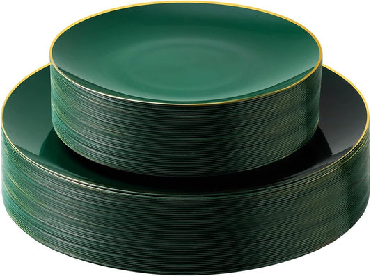50PCS Green Gold Plastic Plates, Green Disposable Plates for Party, Wedding, Include 25 Dinner Plates, 25 Dessert Plates for 25 Guests