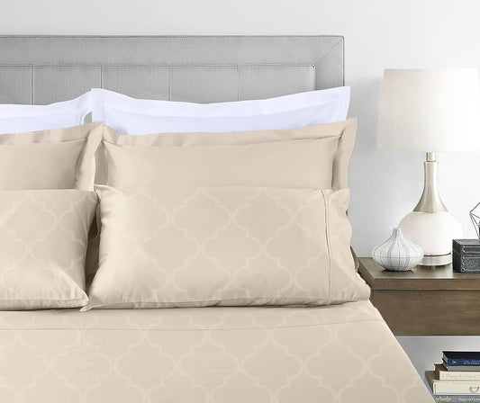 300 Thread Count Jacquard Tradition Light Beige Queen Sheets - 100% Cotton Breathable Silky Soft Damask Sheets - 3 Pc Bed Sheet Set Elasticized Deep Pockets - Wrinkle Free Bedding Sheets by Threadmill