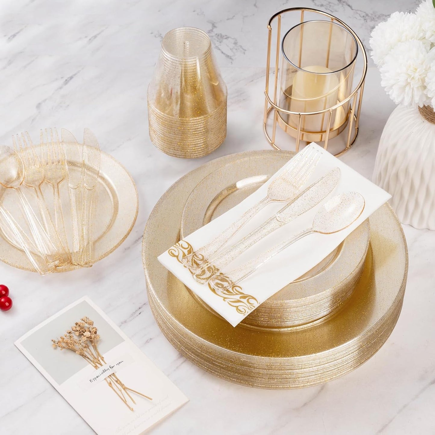 Goodluck 175 Piece Dinnerware Set for 25 Guests, Plastic Plates Disposable for Party, Include: 50 Gold Glitter Plastic Plates, 25 Paper Napkins, 25 Cups, 25 Gold Glitter Silverware Set
