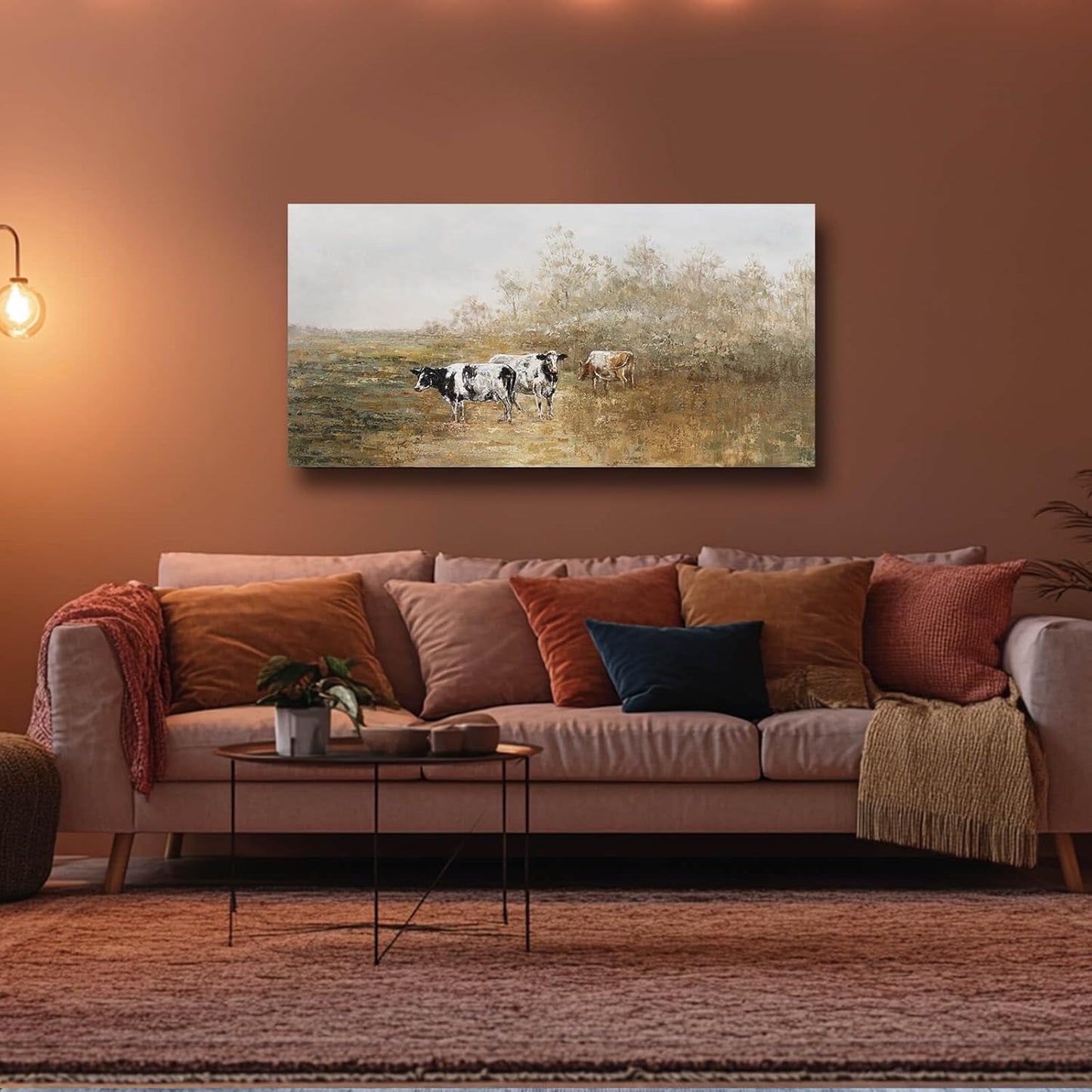 Farmhouse Cute Cattle Wall Art Framed Wall Decor Animal Theme Artwork Cow Picture for Home Office Bedroom Living Room Decoration 24x48 Inch