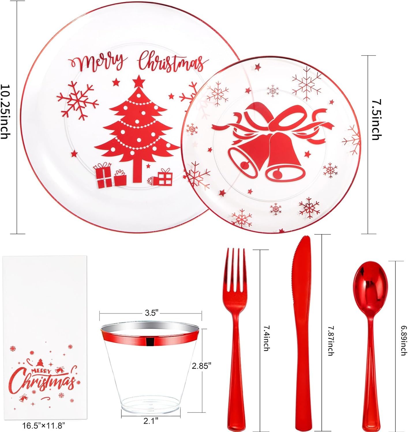 DaYammi 175Pcs Red Plastic Dinnerware Set - Clear Red Plates, Forks, Knives, Spoons, Cups and Napkins for Christmas Party