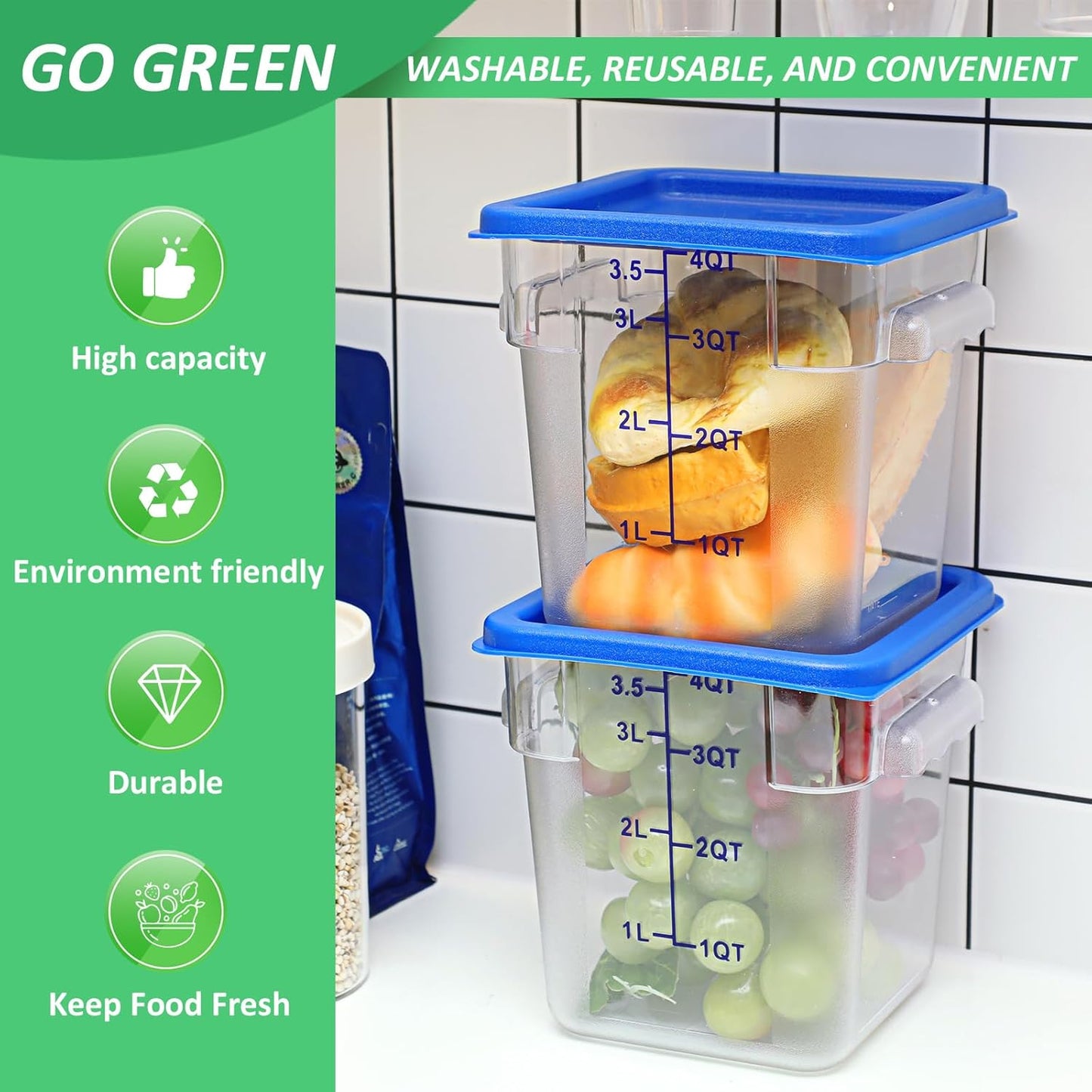 Yungyan 6 Pcs Commercial Clear Food Storage Containers 4 Qt Square Acrylic Airtight Food Storage Containers with Lids for Kitchen Restaurant Pantry Freezer Flour Sugar(Blue)