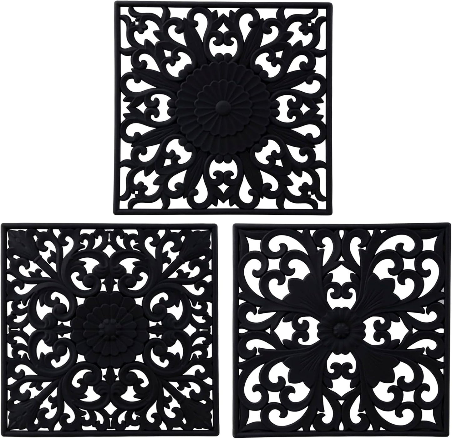 Silicone Trivets for Hot Dishes-Pots&Pans, Multi-Use Carved Trivet Mat, Insulated Silicone Mats, Flexible Square Trivet for Countertop&Tabletop, Silicon Pot Holders Hot Pads Set 3 Black