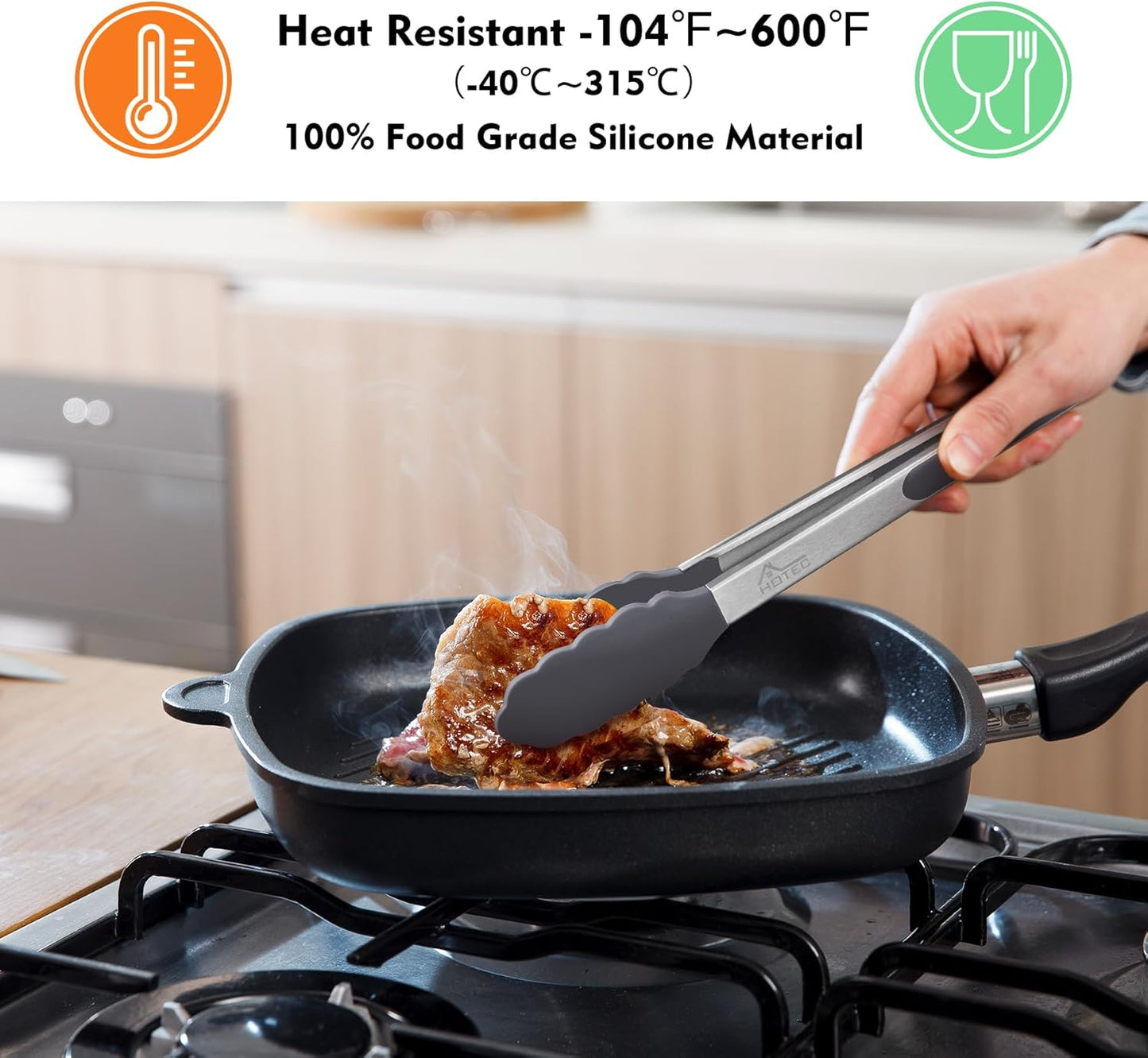 HOTEC Premium Stainless Steel Locking Kitchen Tongs with Silicon Tips, Set of 3-7", 9" and 12" (Grey)