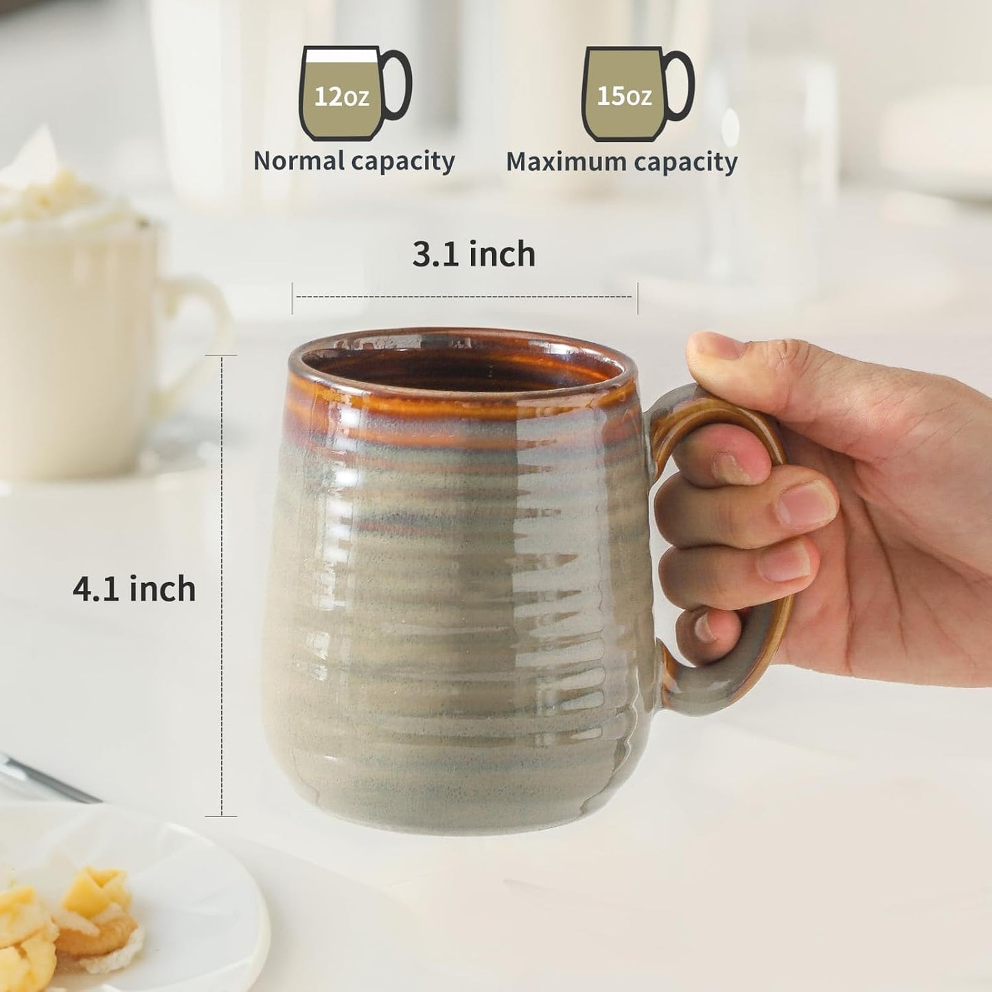 MEKY Coffee Mugs, 15oz Ceramic Coffee Cups with Comfortable Handle for Latte, Milk, Cappuccino, Cocoa, Tea Cups for Office and Home, Dishwasher and Microwave Safe, Set for 4, Brown