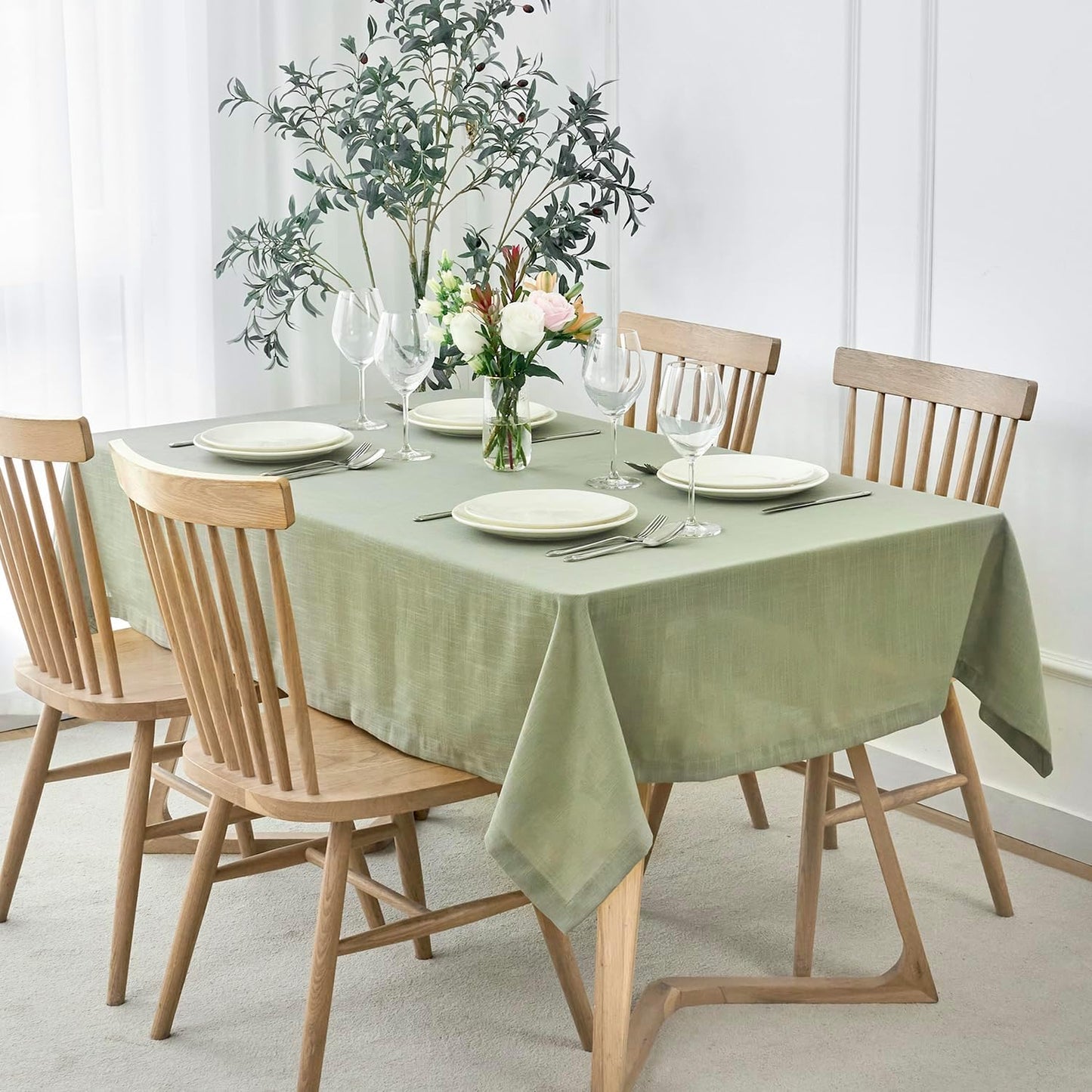 maxmill Lux Faux Linen Tablecloth with Slubby Yarn Textured Weaves Wrinkle Resistant Anti-Shrink Soft Table Cloth for Kitchen Dining Restaurant Tabletop Rectangle 60 x 120 Inch Sage Green