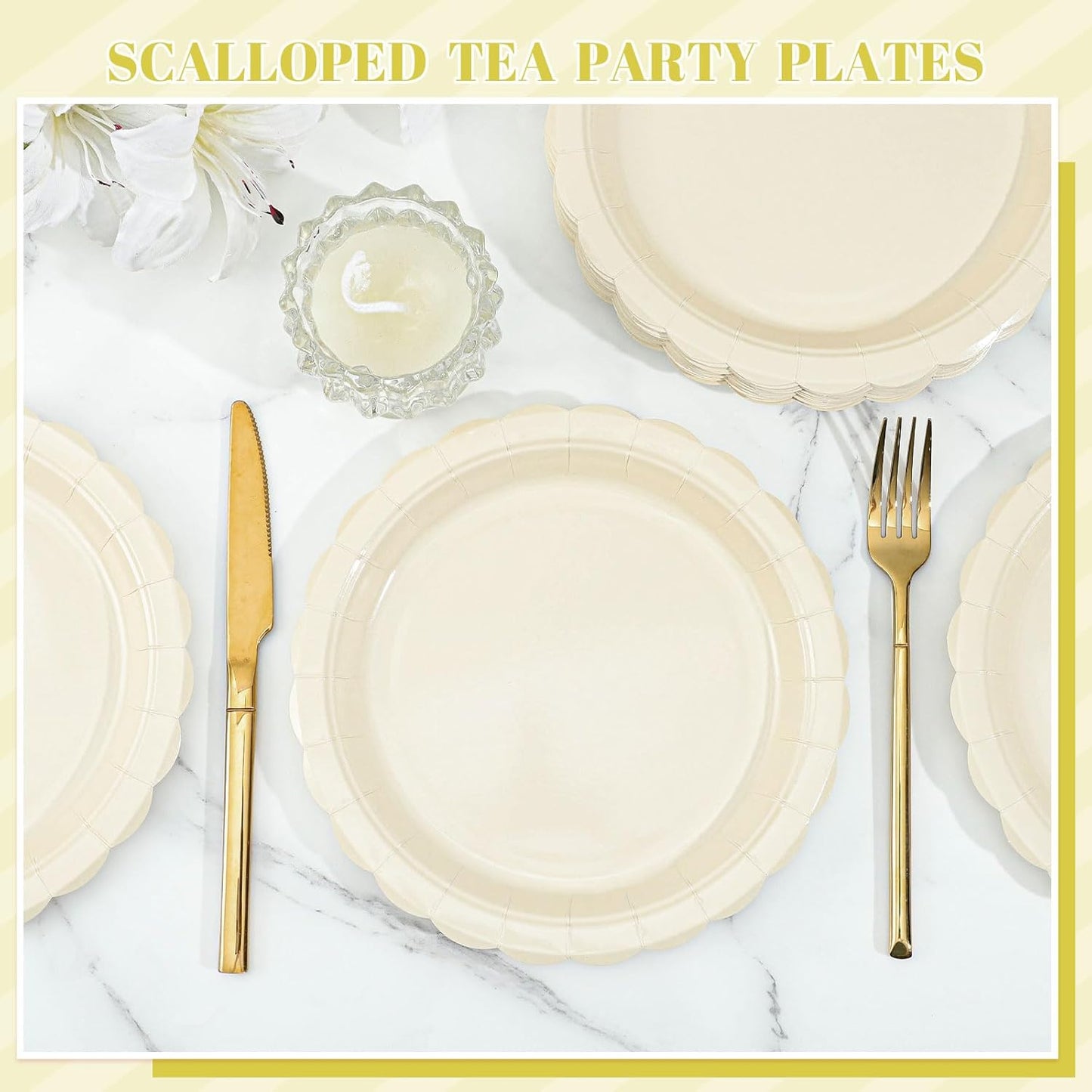 30 Pcs Cream Plates Disposable 9 Inch Scalloped Thanksgiving Plates Cute Beige Dessert Cake Plate Ivory Dinner Plate for Thanksgiving, Baby Bridal Shower, Wedding