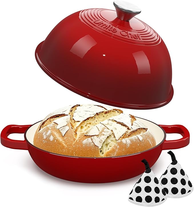 Enamelled Cast Iron Dutch Oven Pot – Dutch Oven Pot with Lid For Sourdough Bread Baking – Cast Iron Bread Oven – Red, Umite Chef 6QT Pot with Lid & Cotton Potholders