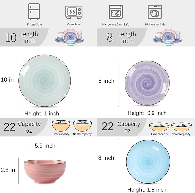 Selamica Ceramic Plates and Bowls Set, 24 Pieces Dinnerware Sets for 6, Scratch Resistant Dishes Set, Handpainted Swirl with Spot Dishwasher & Microwave Safe, Gradient Color