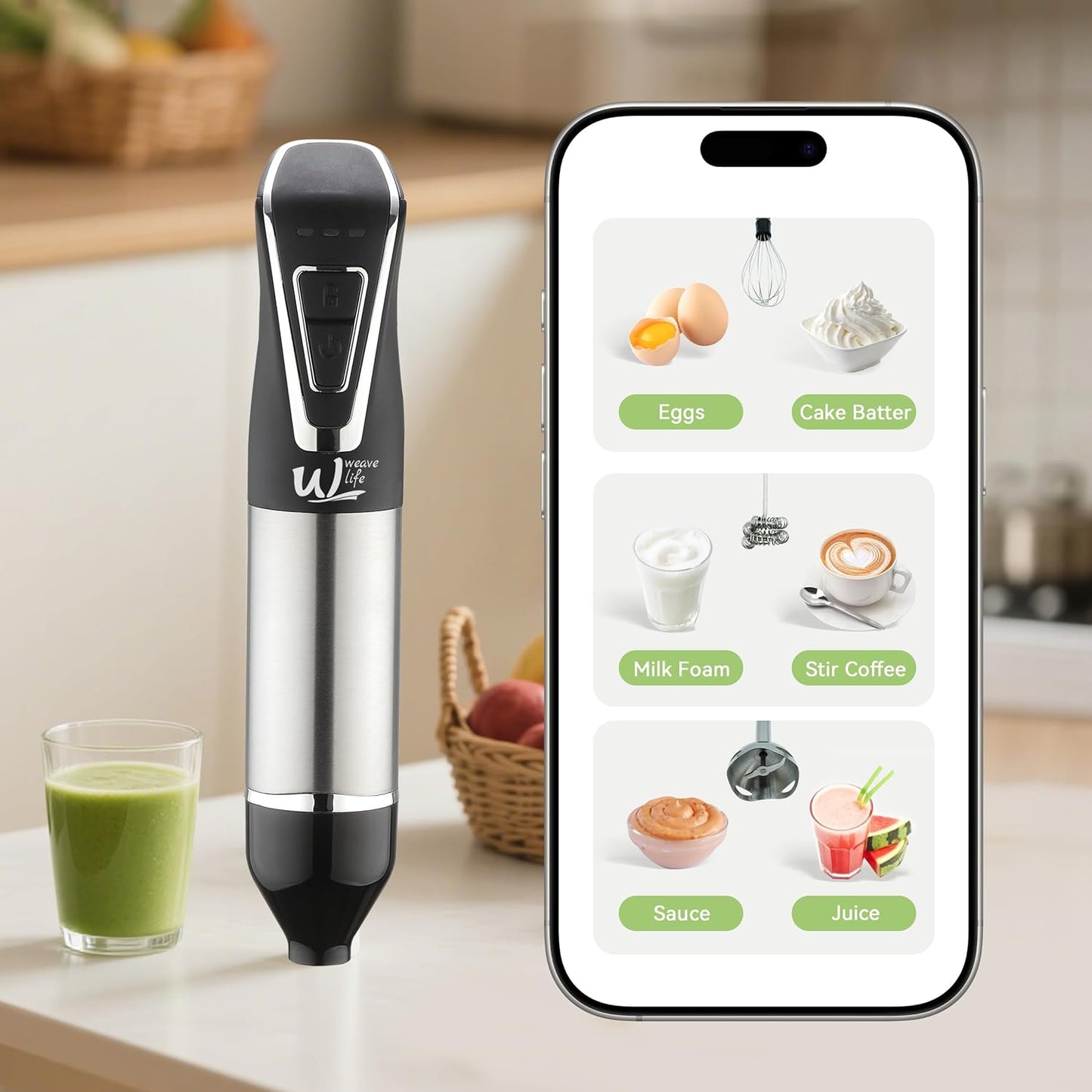 3-in-1 Cordless Hand Blender Set - One-Touch Control & Safety Lock, Immersion Blender with Whisk and Frother for Lattes, Desserts, Soups, Dishwasher-Safe