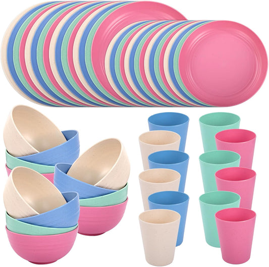 LIYH 48 Pcs Wheat Straw Dinnerware Plates and Bowls Set Dishwasher Safe Unbreakable Light Weight Plates Service for 12 Reusable Dinnerware Set Multicolor Set Dish Set