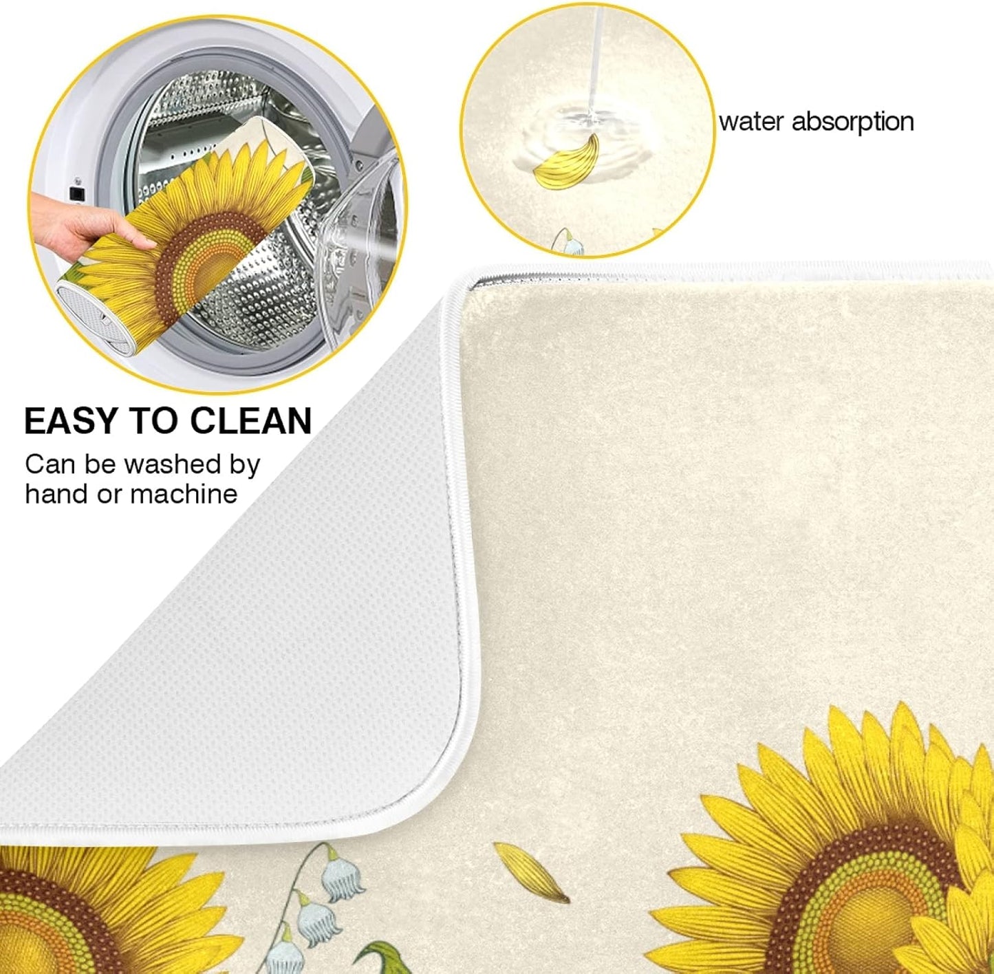 Dish Drying Mat for Kitchen Counter 16 x 18 Inch Decorative Flowers Sunflowers Super Absorbent Microfiber Dish Drainer Rack Mats Soft Heat Resistant Drying Protector Pad