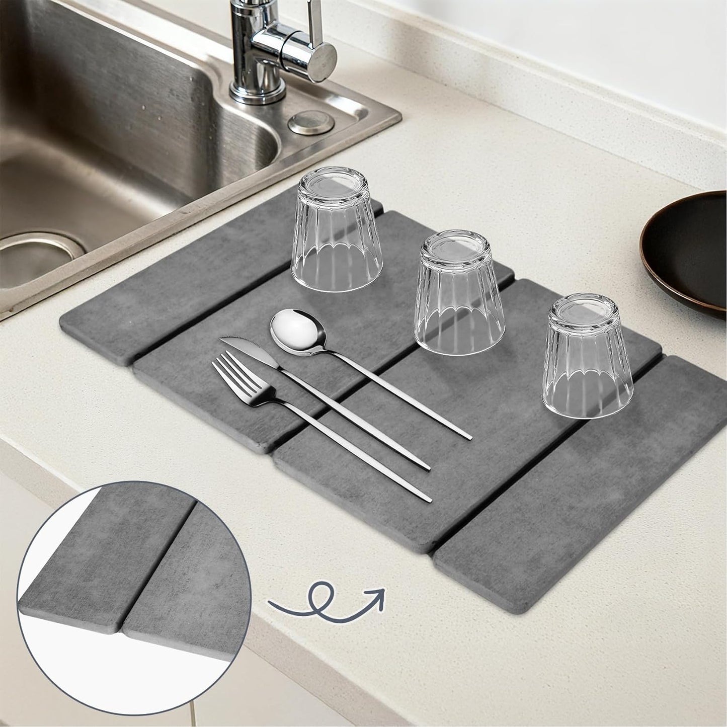 Stone Dish Drying Mat for Kitchen Counter，24x16 Collapsible Diatomaceous Earth Mats， Quick Drying Absorbent Dish Mat,Non-Slip Countertop & Bath Mat for Dishes Cups Bottles,Dark Gray