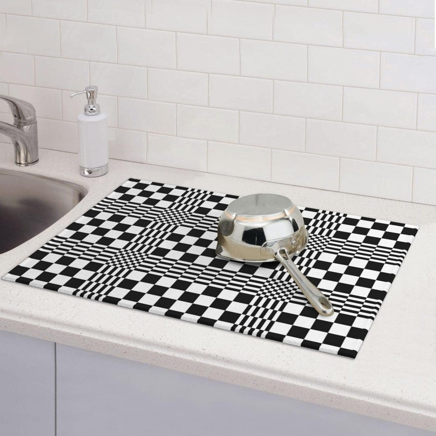 Black White Checkered Optical Art Dish Drying Mats for Kitchen Counter & Sink, Absorbent Microfiber Drying Pad for Dishes, Reversible Modern Geometric Dish Drainer Rack Mats, Home Decor, 18" x 24"