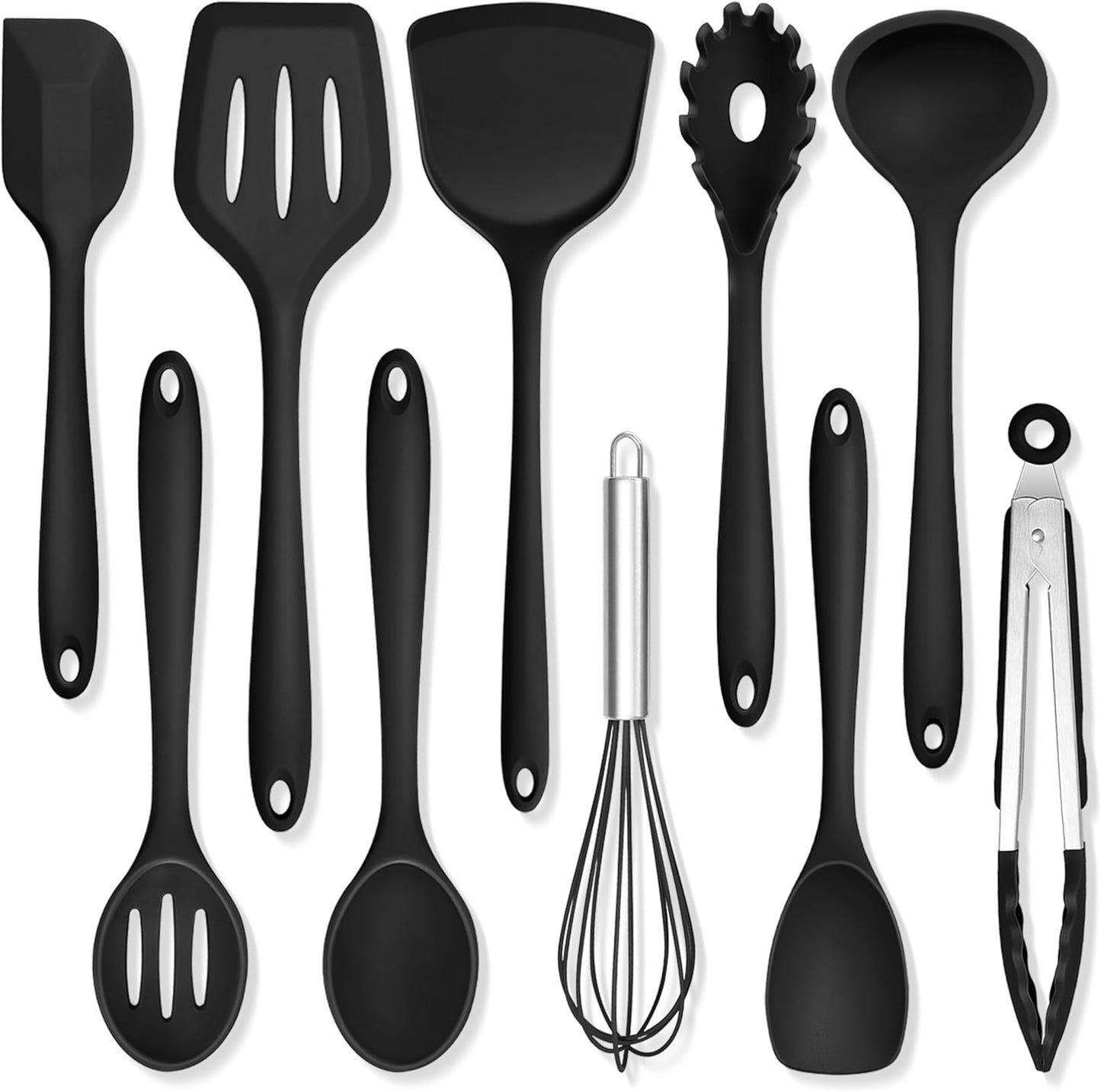 TeamFar Silicone Cooking Utensils, 10 pcs Kitchen Cooking Utensils Set, 446°F Heat Resistant Kitchen Gadgets Tools Set w/Spatula, Turners, Spoons, Soup Ladle, Pasta Server for Nonstick Cookware, Black