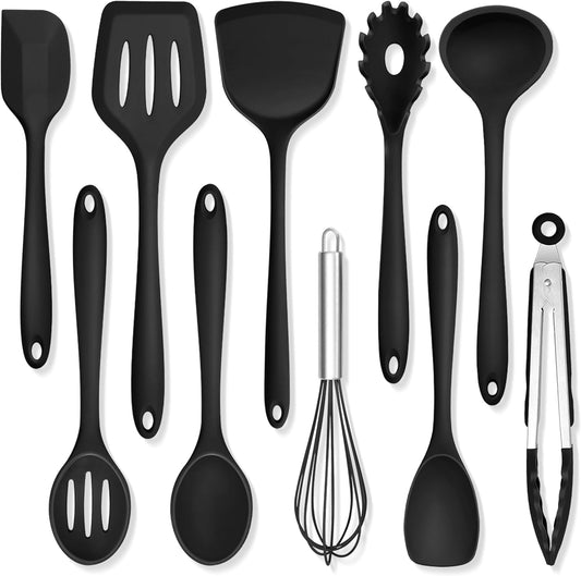 TeamFar Silicone Cooking Utensils, 10 pcs Kitchen Cooking Utensils Set, 446°F Heat Resistant Kitchen Gadgets Tools Set w/Spatula, Turners, Spoons, Soup Ladle, Pasta Server for Nonstick Cookware, Black