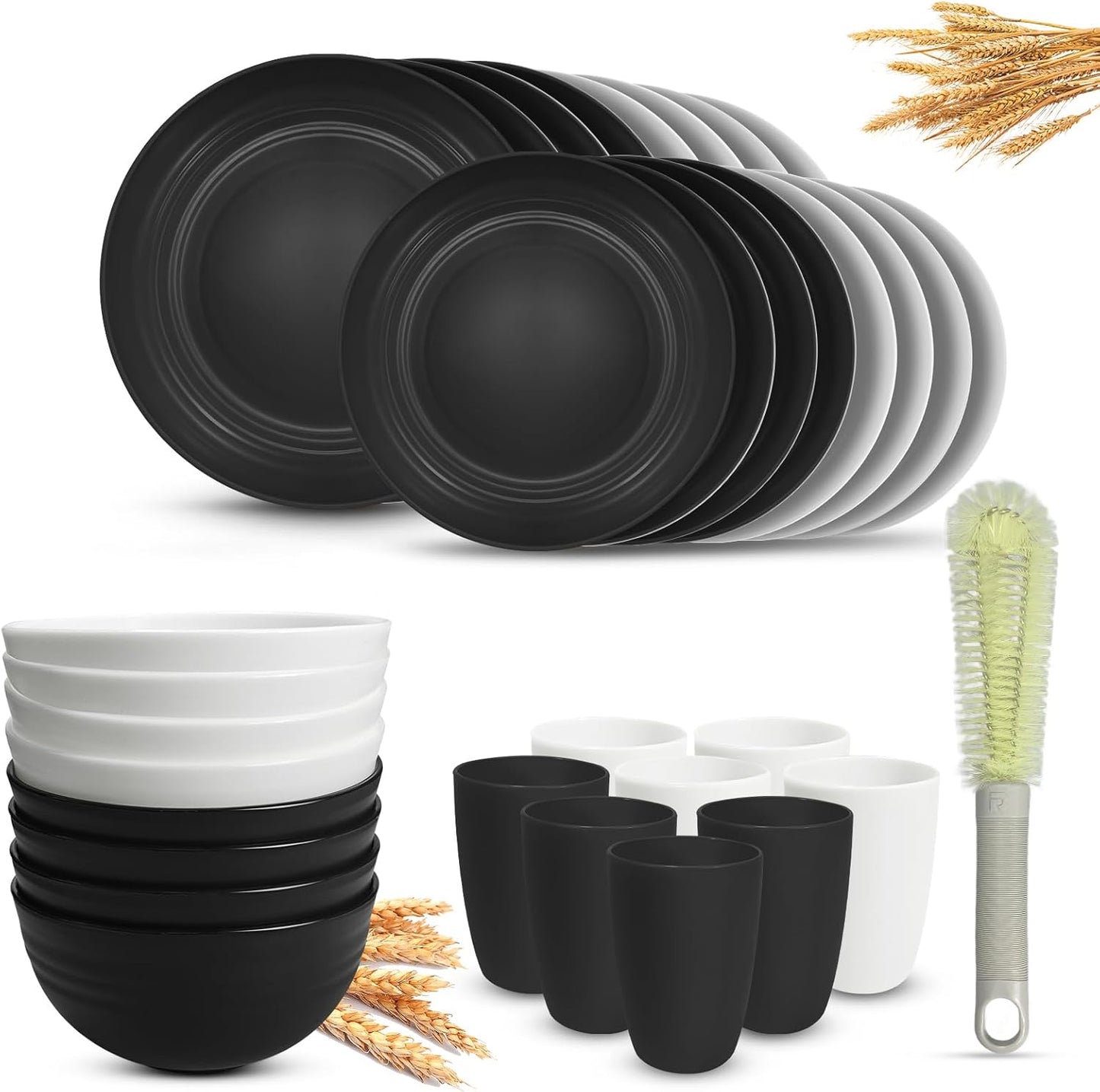 Kitchen Wheat Straw Dinnerware Sets (33pcs) Attached cleaning brush,Service For 8,Plastic Plates and Bowls Sets,Unbreakable Dinnerware,Lightweight Plastic Plate Set (Black white)