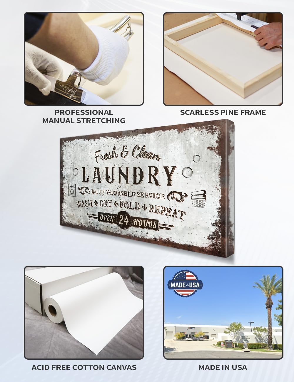 IPIC - Rustic Laundry Sign Wash Dry Fold Repeat, Canvas Print Wall Art for Family Laundry Room, Farmhouse Style Wall Decor For Home Decoration