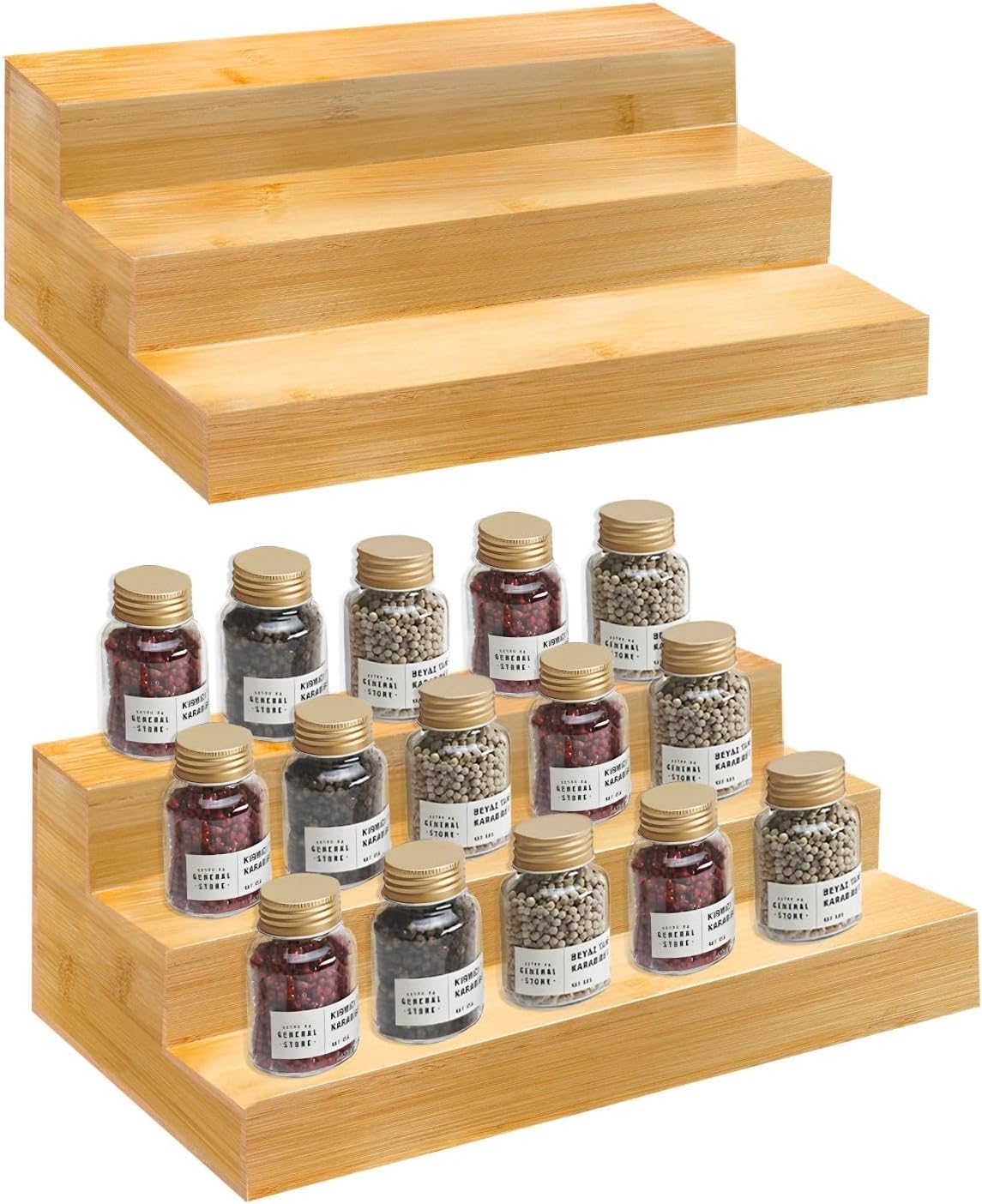 Spice Rack Organizer for Cabinet - Bamboo Spice Shelf, 3 Tier Seasoning Organizer for Countertop, Kitchen, Pantry 2 Pack