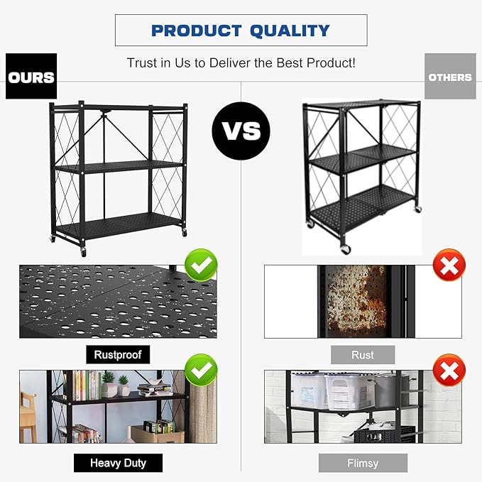 Lifetime Home 3-Tier Foldable Storage Shelf with Wheels - Metal Rack Collapsible Shelving Unit Display, Rolling Cart for Books Kitchen Storage Shelves, Pantry & Closet Organizer, Office Room Decor