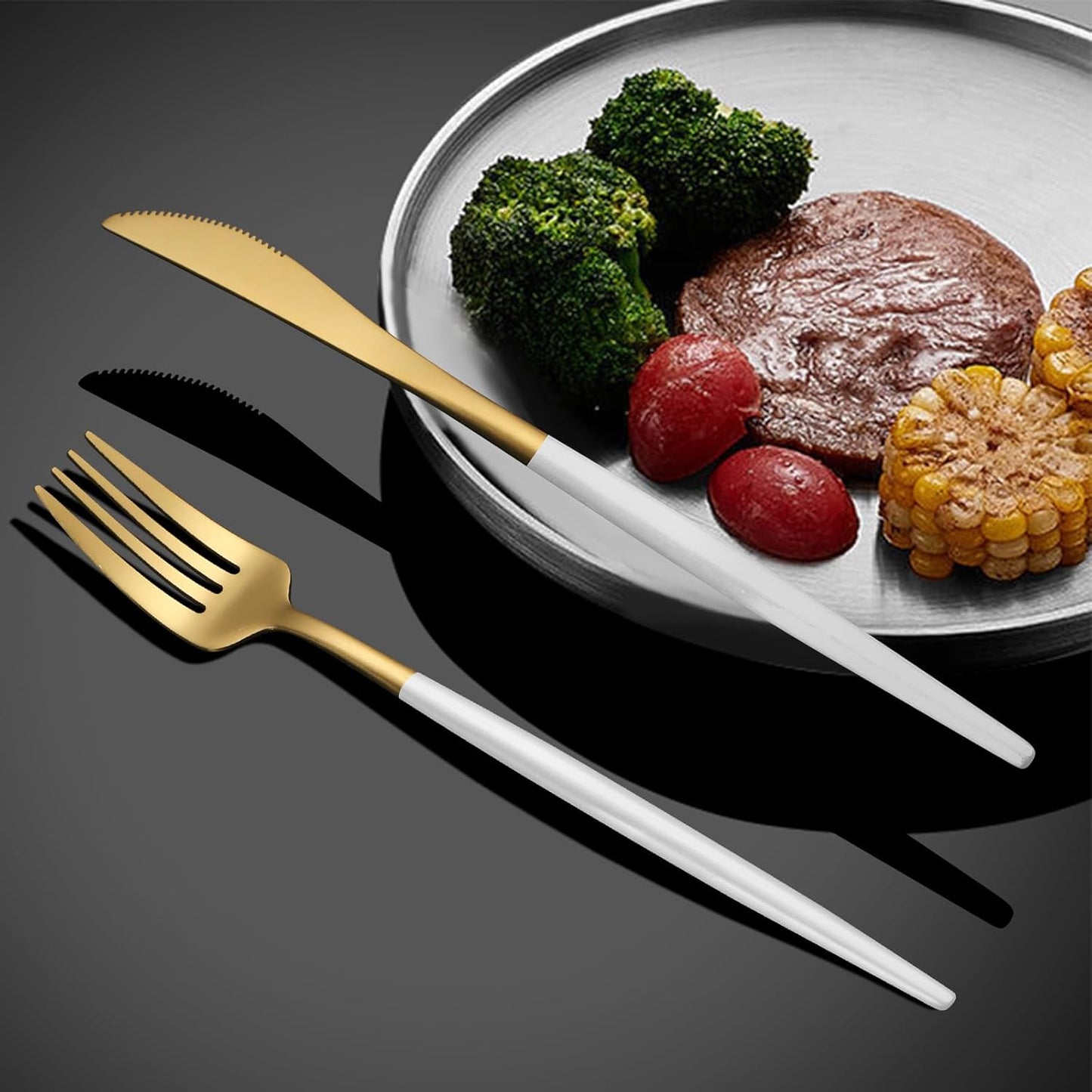 40 Pieces Matte White&Gold Silverware Set, Stainless Steel White&Gold Flatware Set for 8, Satin Finish Spoons and Forks Silverware Set, White&Gold Cutlery Utensils Set, Dishwasher Safe