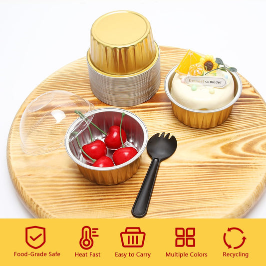 Aluminum Cupcake Liners with Dome Lids 50 Pack,Free-Air 5oz Foil Baking Cups Muffin Tins,Disposable Ramekins Jumbo Muffin Liners for Wedding Birthday Party,with 50 Spoons-Gold