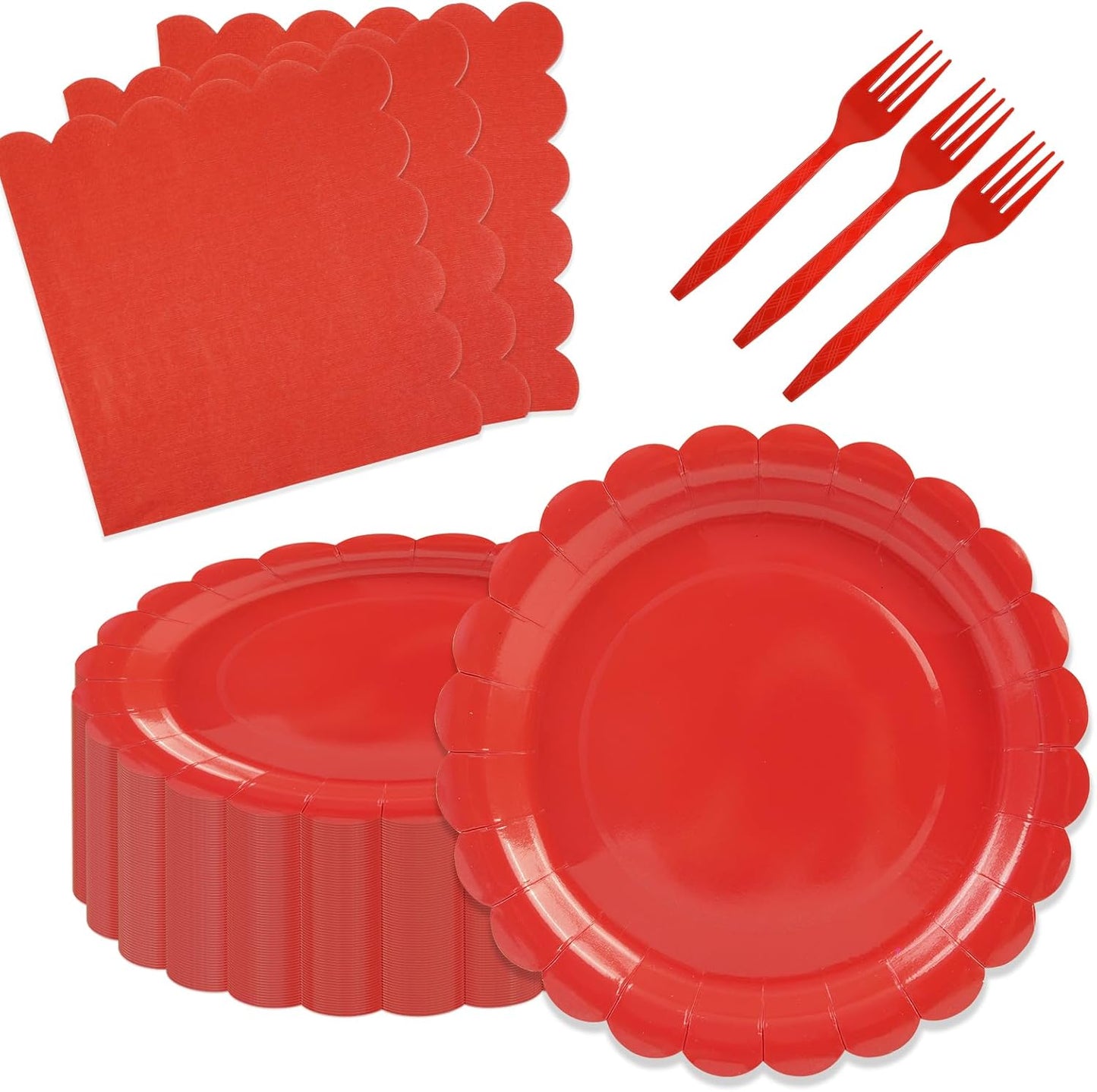 75Pcs Red Paper Plates Set-7 Inch Scalloped Christmas Plates Disposable Red Dessert Plate Nakpins Forks Party Supplies for Wedding Baby Shower Fall Pininc Birthday Table Decor Serve25